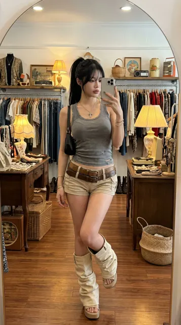 Ultra realistic mirror selfie vintage boutique acubi style