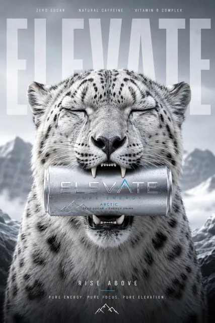 Luxury snow leopard energy drink advertising poster