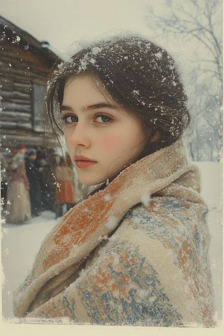 Snowy girl in woolen shawl — Sonra