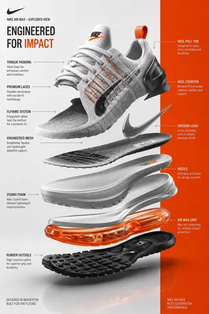 Nike sneaker exploded view infographic tech style