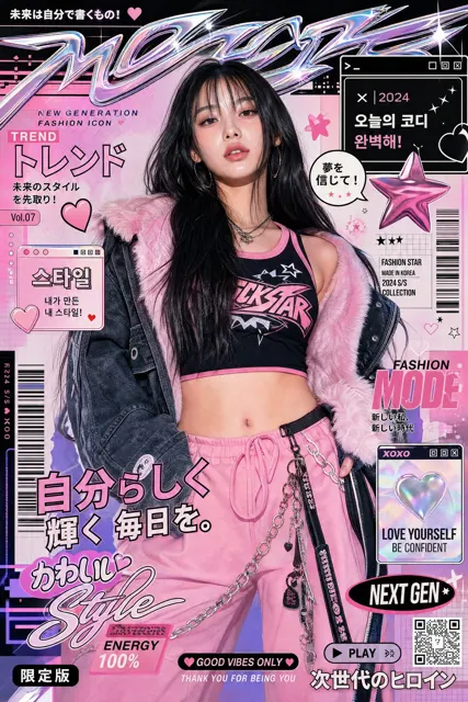 Ultra stylized luxury fashion editorial poster asian woman y2k