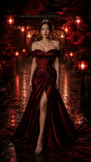 Ultra realistic japanese woman ruby red gown lantern garden