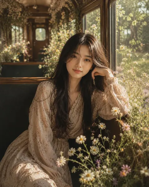 Dreamy vintage train flower garden portrait