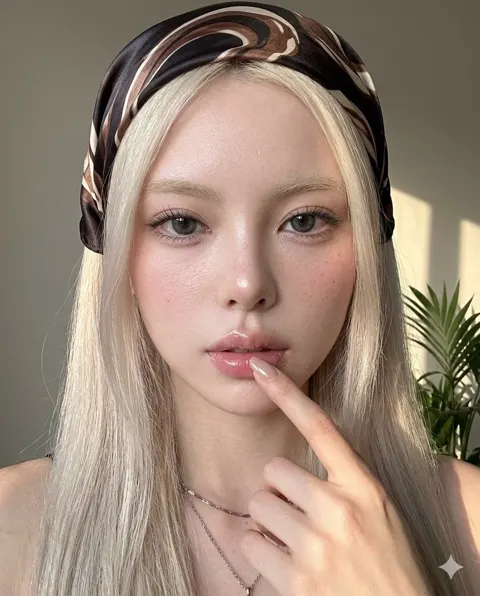 Hyper realistic porcelain skin blonde scarf portrait