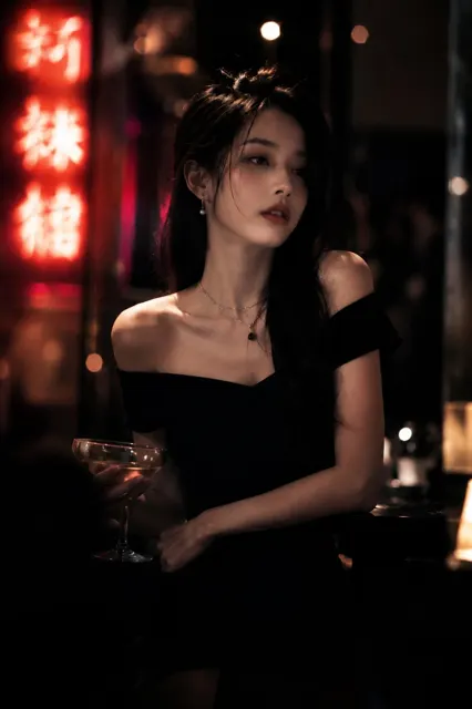 Cinematic portrait woman luxury bar black dress