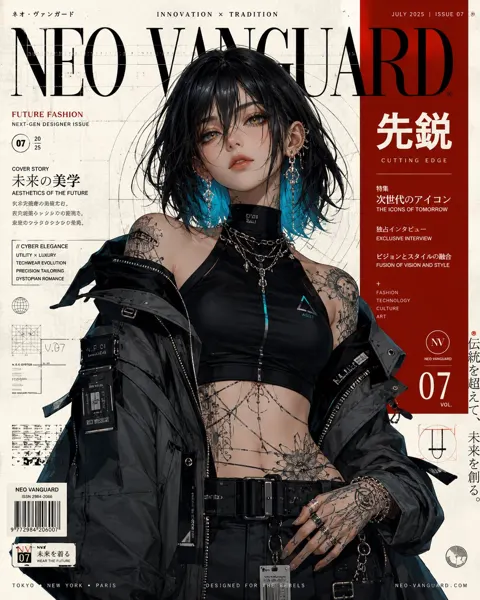 Futuristic luxury anime fashion magazine cover