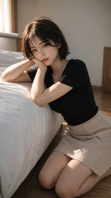 Cinematic japanese style bedroom portrait east asian woman