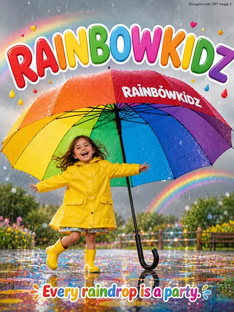 Joyful rainy day kids advertisement poster