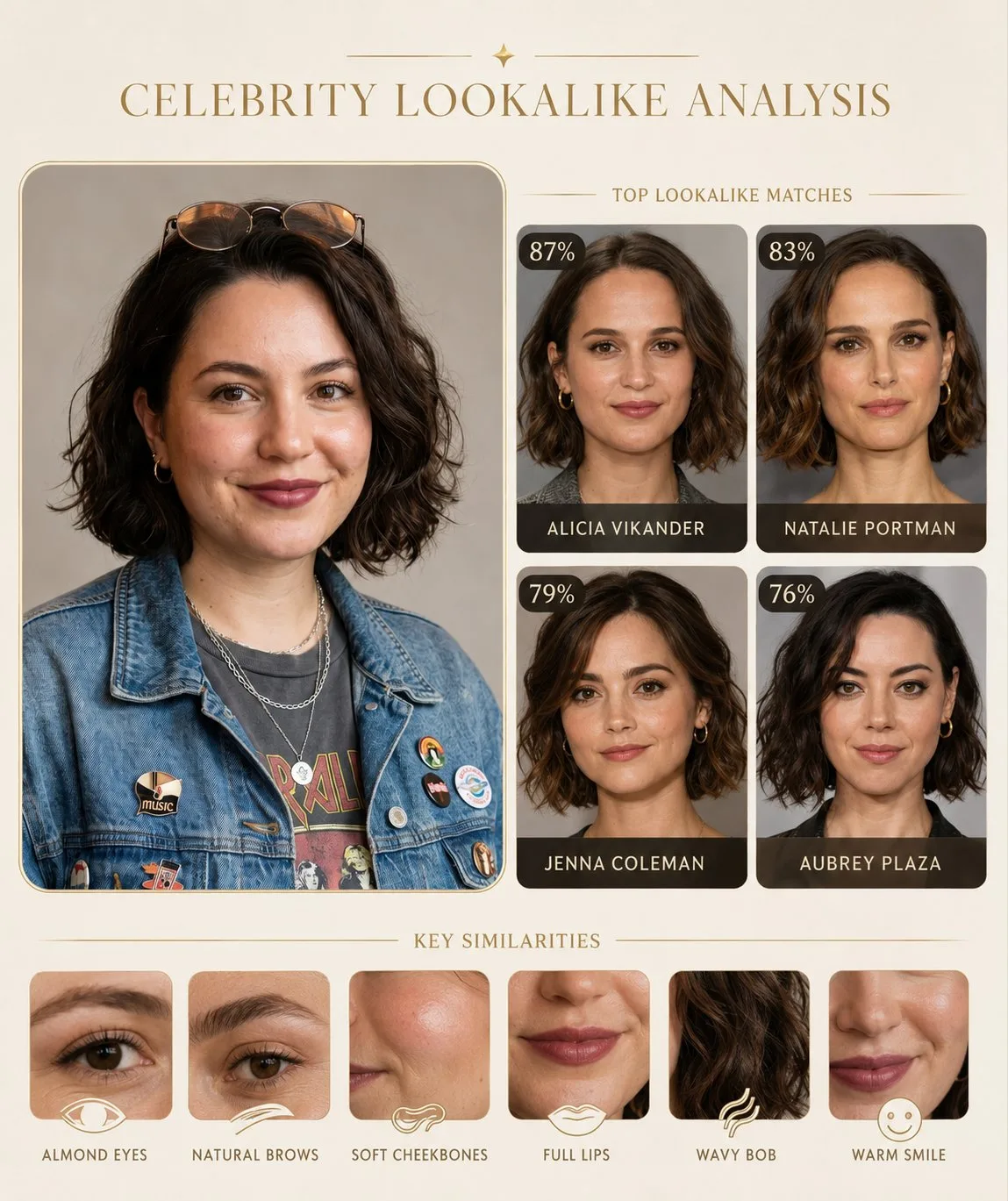 Premium celebrity lookalike analysis graphic — Sonra