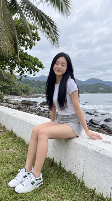 Realistic east asian woman on seawall