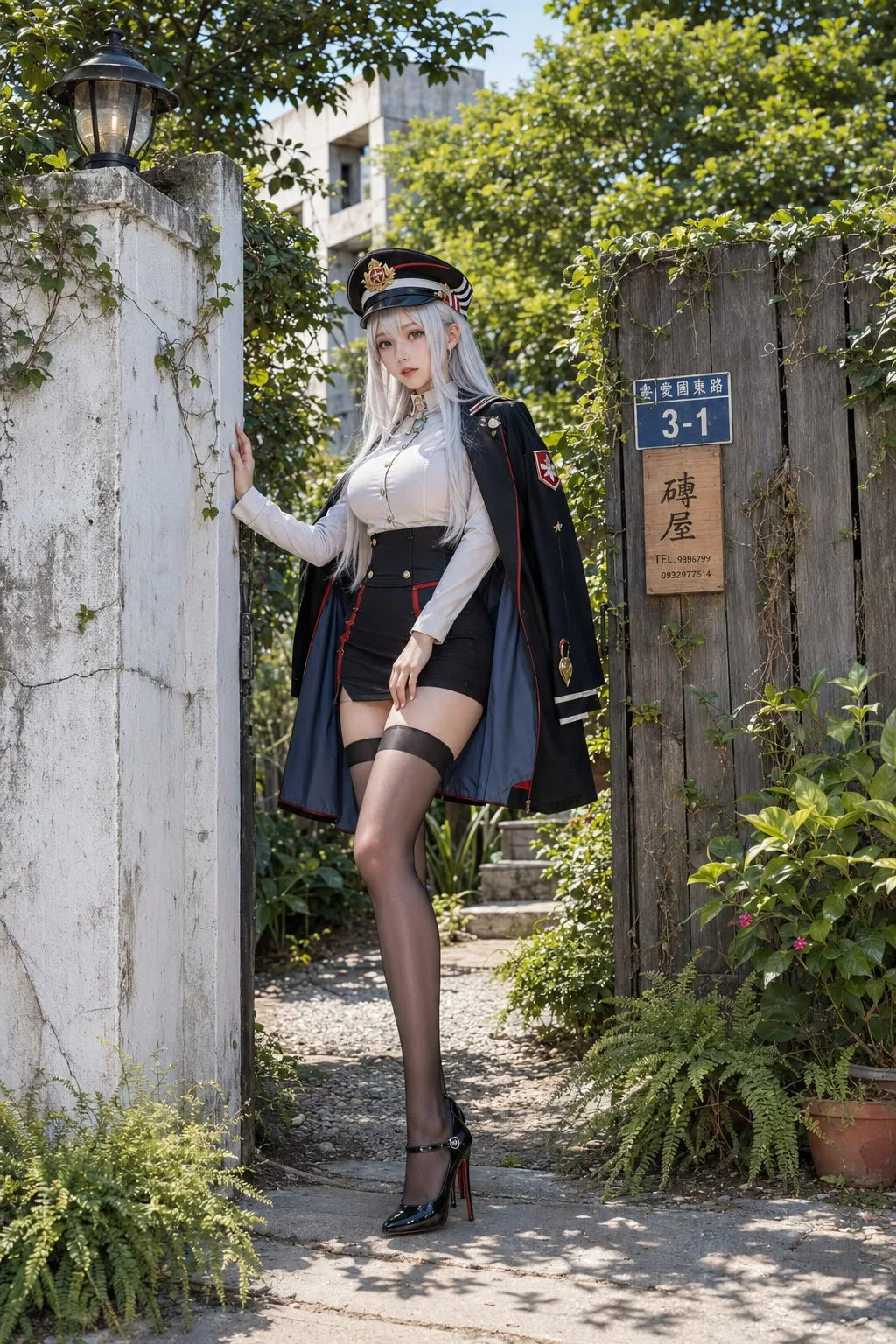 Silver haired east asian beauty military garden portrait — After