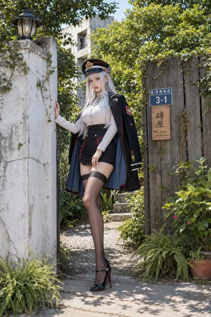 Silver haired east asian beauty military garden portrait