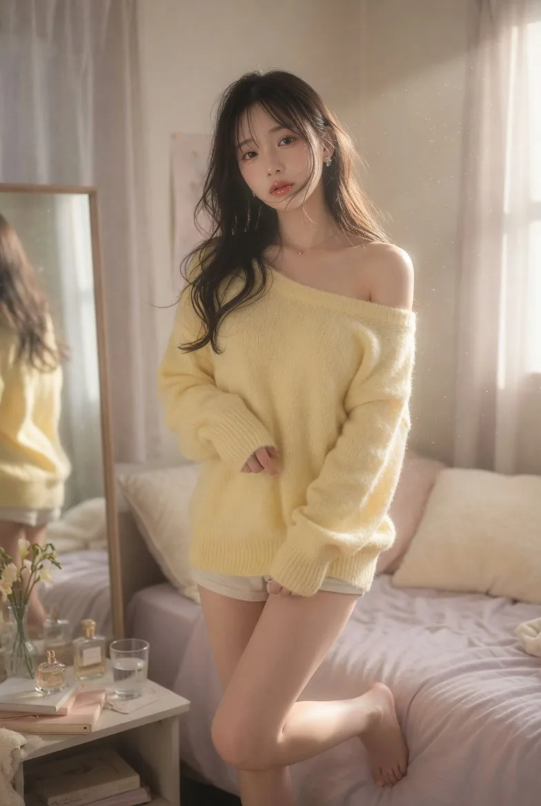 Beautiful japanese idol bedroom full body portrait — After