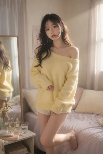 Beautiful japanese idol bedroom full body portrait