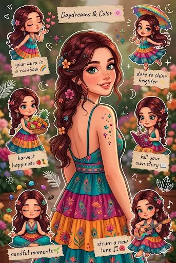 Vibrant bohemian woman sticker sheet illustration