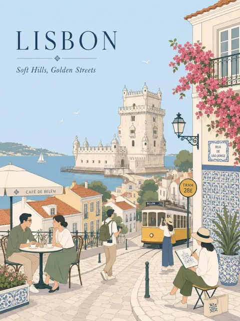 Dreamy vintage european travel poster illustration