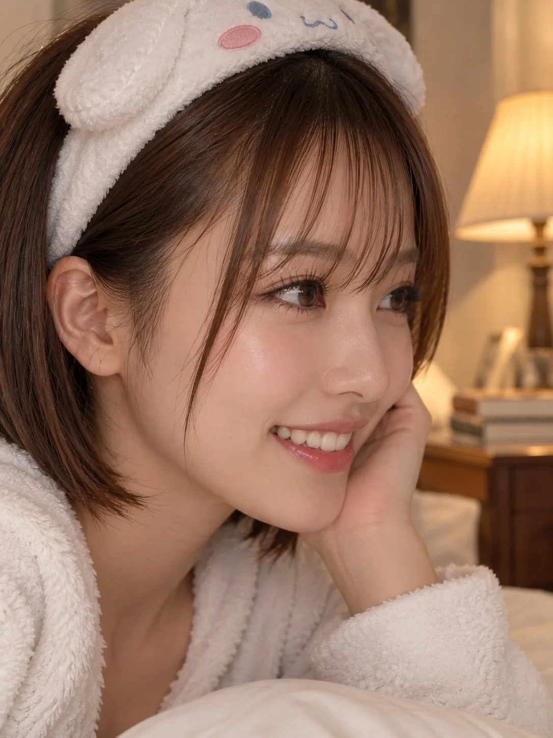 Close up side profile smiling east asian woman plush headband — After