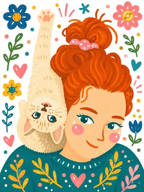 Whimsical girl kitten folk art illustration