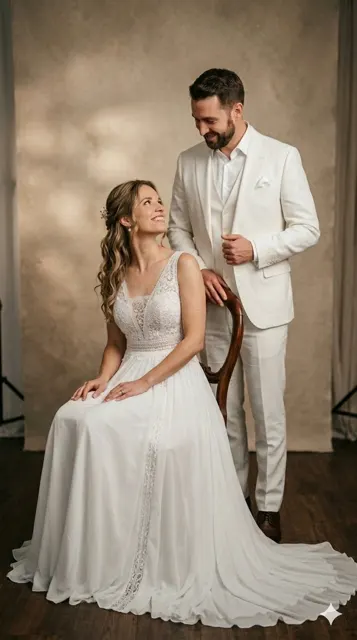 Professional studio wedding portrait beige backdrop
