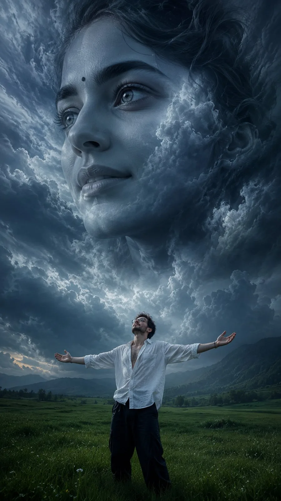 Surreal fantasy meadow cloud face — Sonra