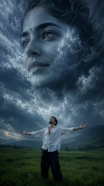 Surreal fantasy meadow cloud face