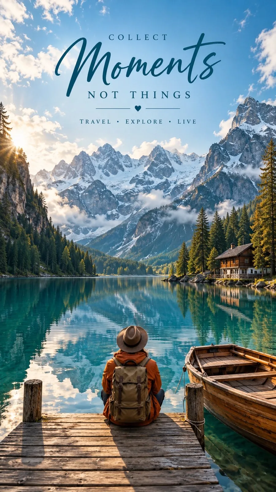 Premium cinematic travel editorial poster alpine lake — After