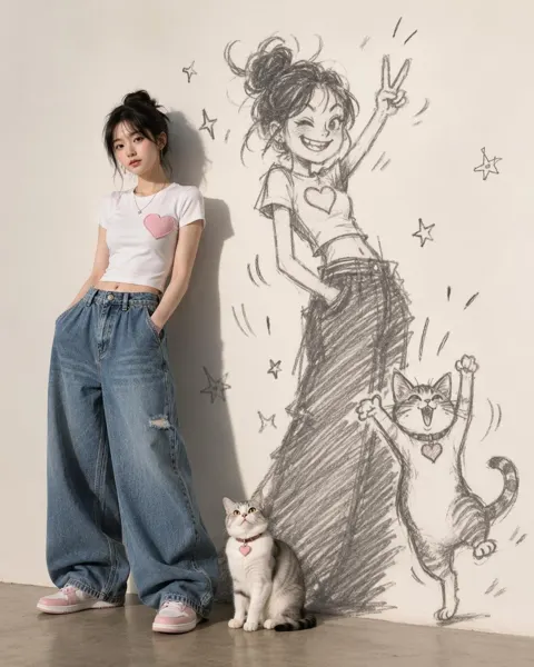 Playful hand drawn shadows cat korean woman