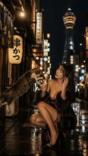 Cinematic osaka street photography woman cat