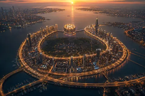 Cinematic futuristic aerial city logo brand mark