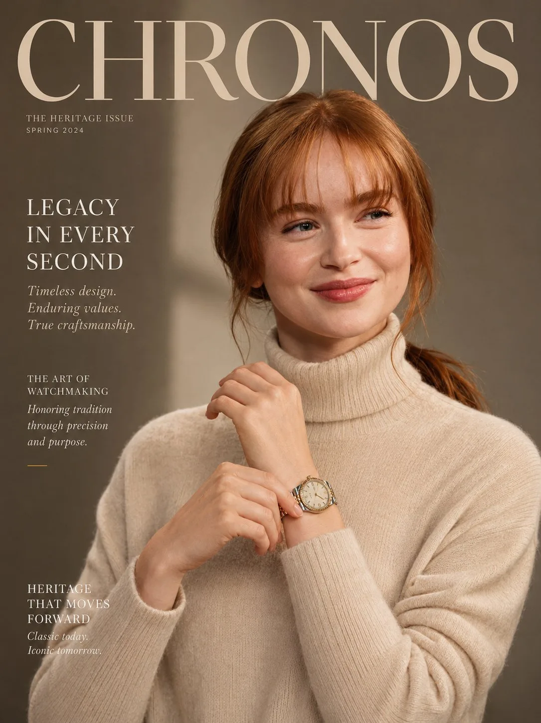 Ultra realistic heritage luxury watch campaign magazine cover — After