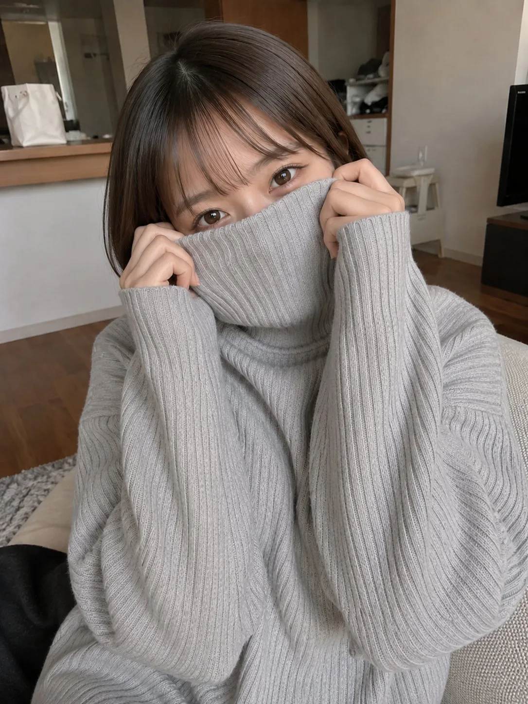 Japanese woman oversized turtleneck portrait — Sonra