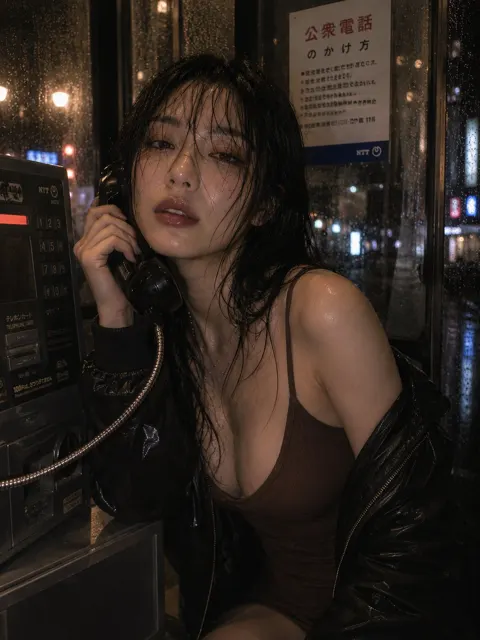 Rainy night phone booth japanese style portrait