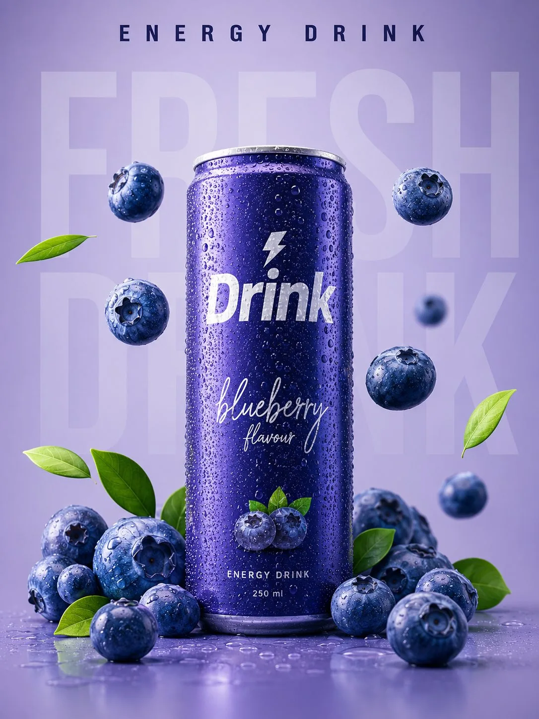 Ultra realistic matte blueberry energy drink ad — Sonra