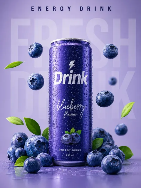 Ultra realistic matte blueberry energy drink ad