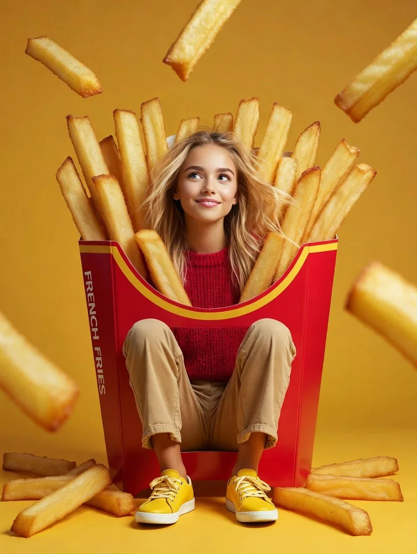Playful blonde in giant fry box — Sonra