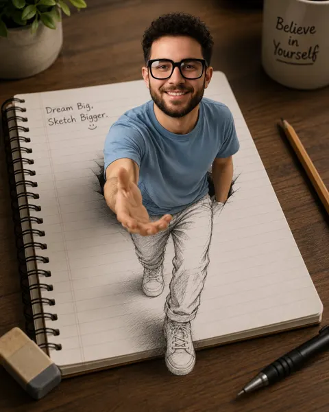 3d illusion artwork man stepping out of notebook