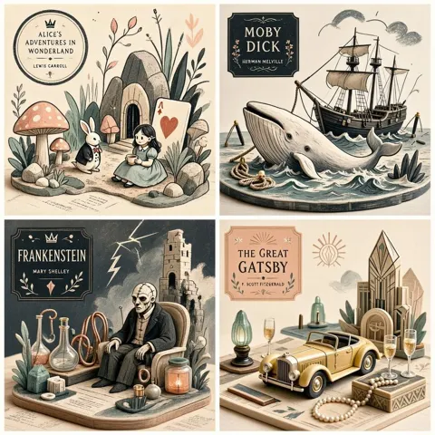 Four famous books editorial miniature illustration prompt