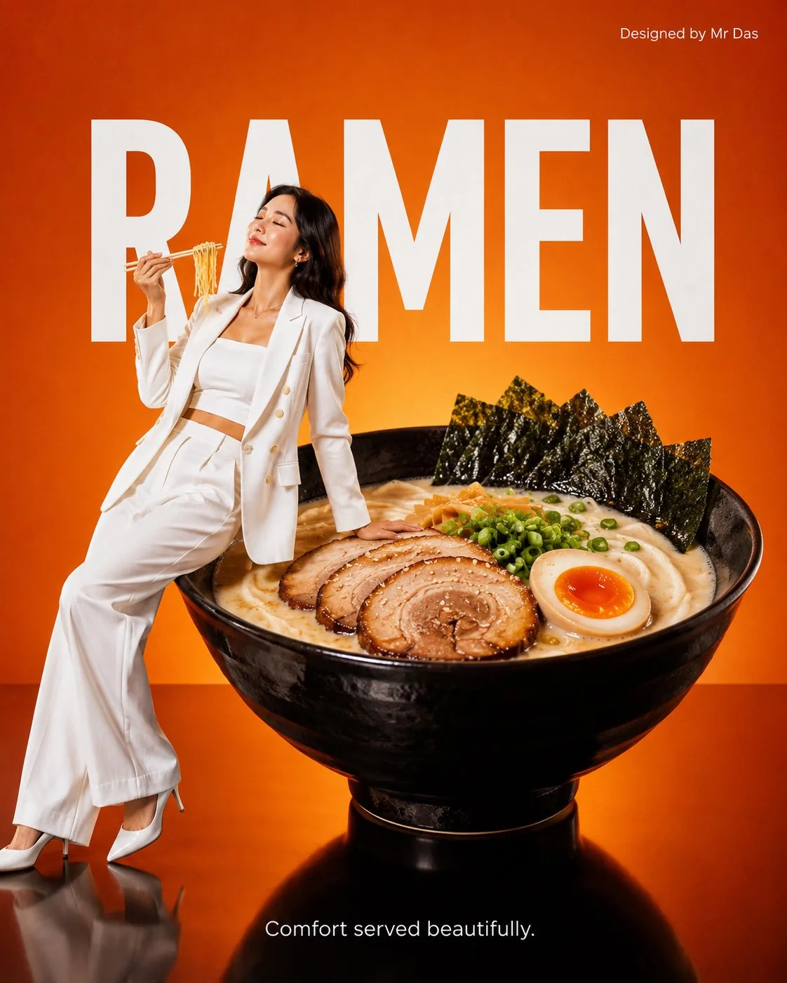 Minimalist commercial ad giant ramen bowl fashionable woman — Sonra