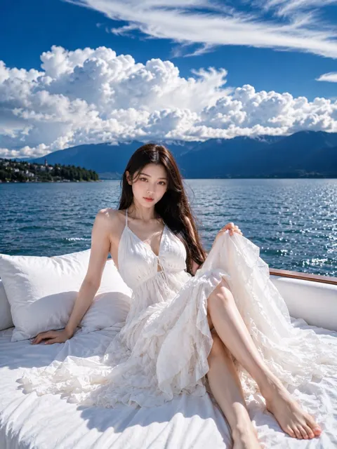 Luxury yacht white chiffon dress portrait