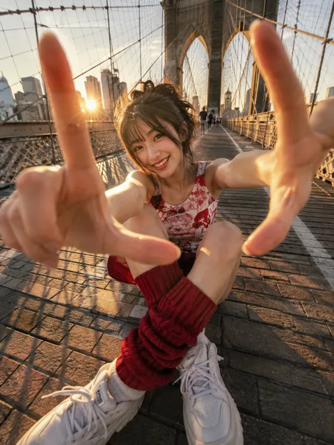 Vibrant young woman brooklyn bridge street style