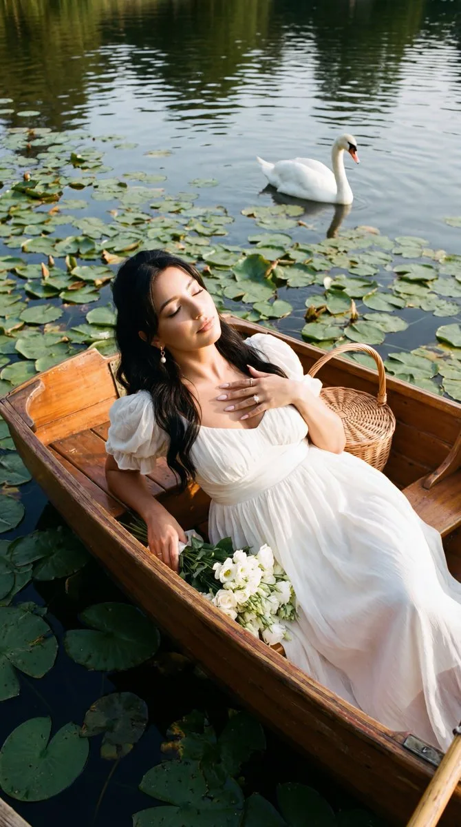 Serene lake white dress swan — Sonra