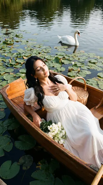 Serene lake white dress swan