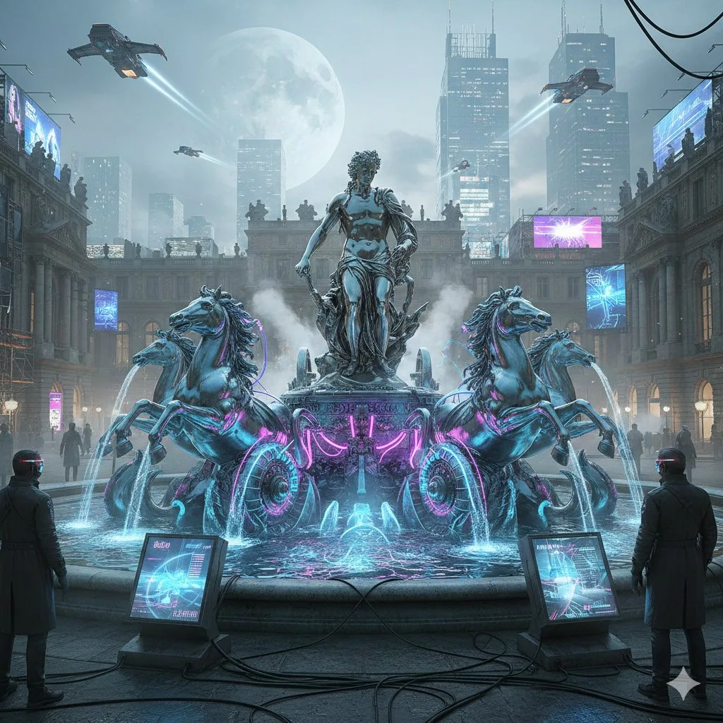 Cyberpunk versailles apollo fountain — Sonra