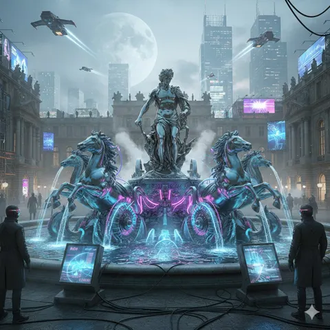 Cyberpunk versailles apollo fountain