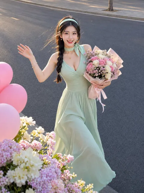 Outdoor long wavy hair east asian woman portrait