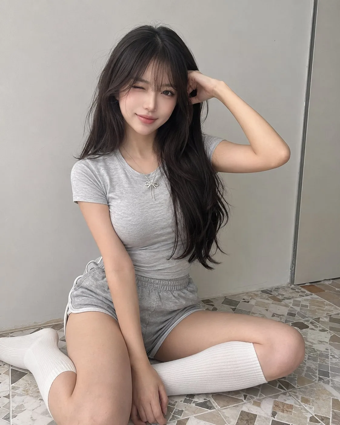Winking young woman on tiled floor portrait — After