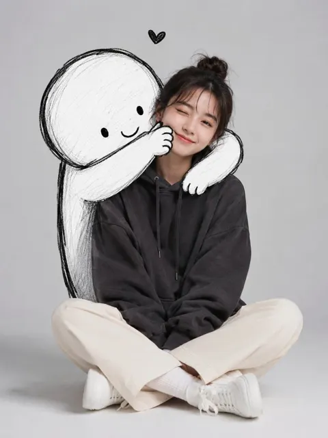 Cute minimalist portrait woman doodle character hug