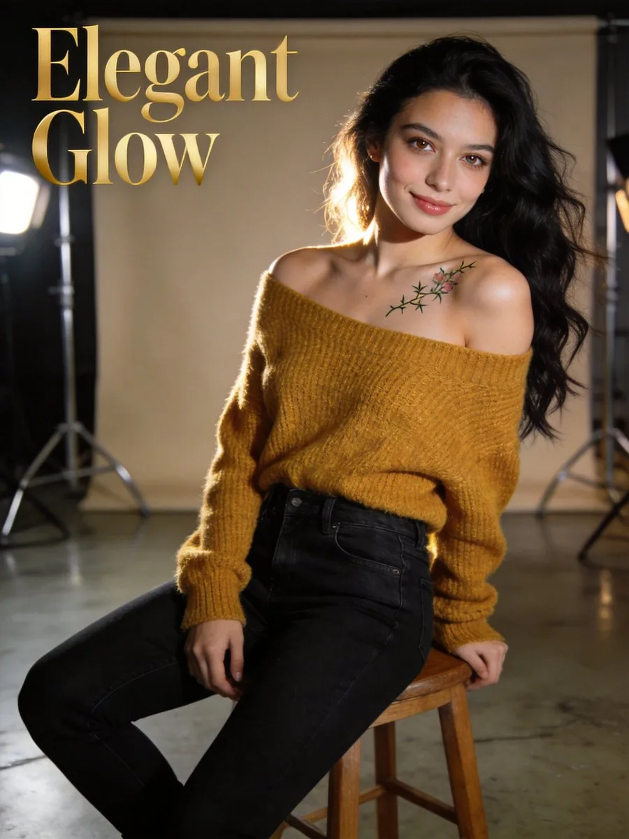 Golden sweater confident portrait — Sonra