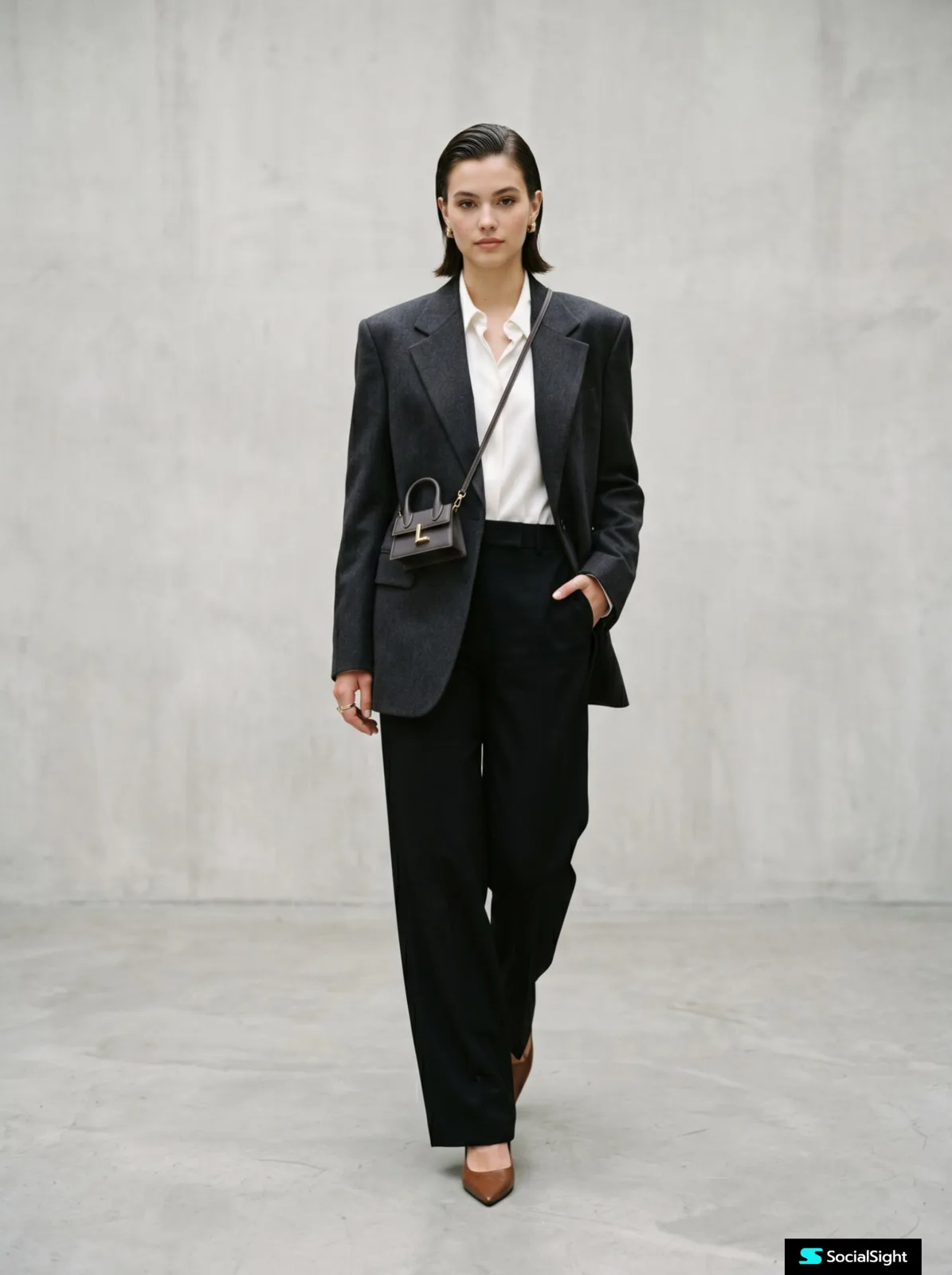 Fashion model tiny luxury handbag surreal contrast — Sonra