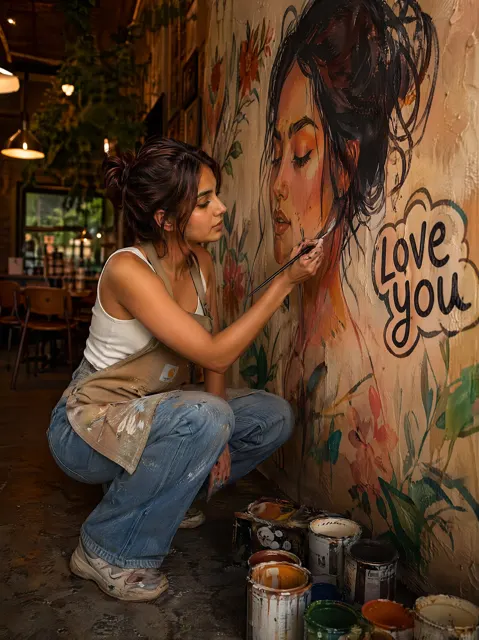 Realistic editorial portrait cafe mural painting